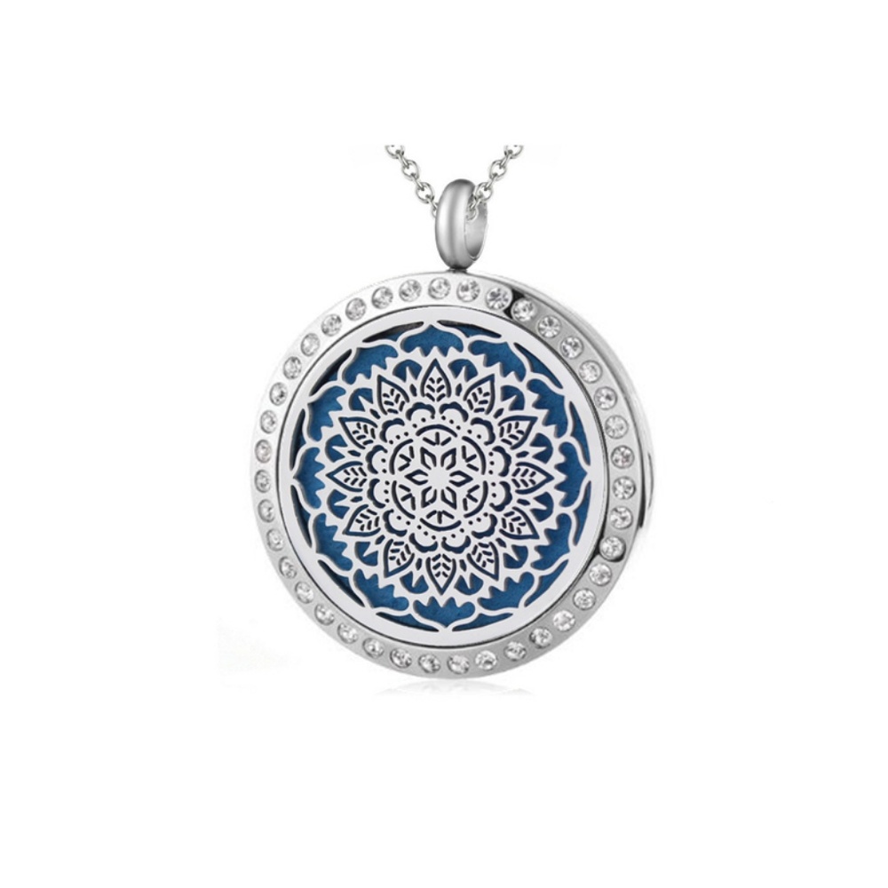 Rhinestone Mandala Essential Oil Necklace Pendant w/ Crystals